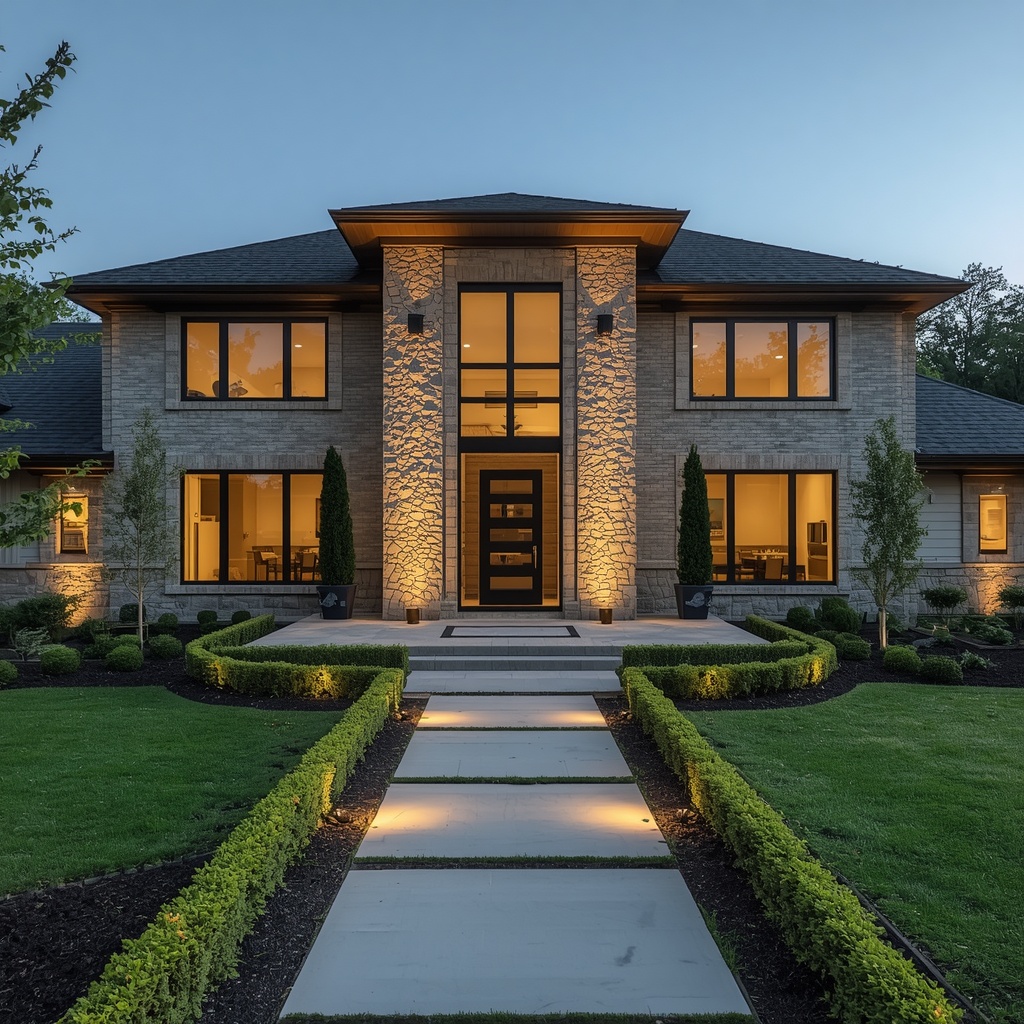 Elegant modern luxury home with stone facade, large windows, manicured garden, and warm evening lighting